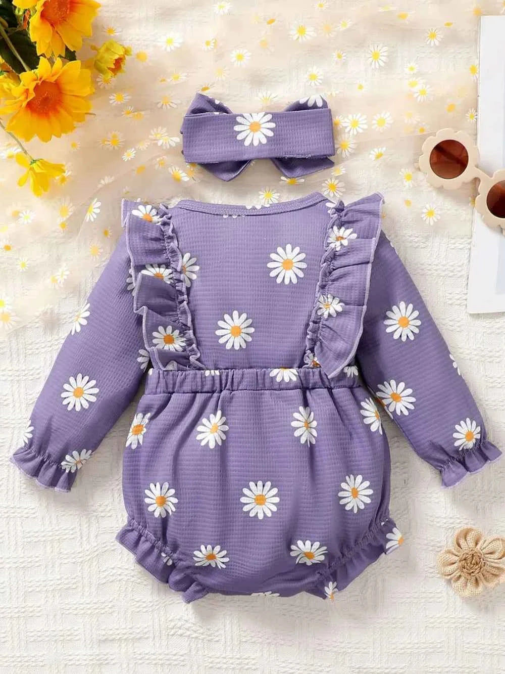 Children's Ruffled Round Neck Floral Romper with Headband