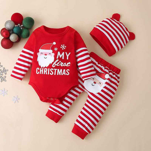 Autumn Baby Children's Christmas Long-Sleeved Three-Piece Suit New Striped Pants Detachable Hat Romper Suit