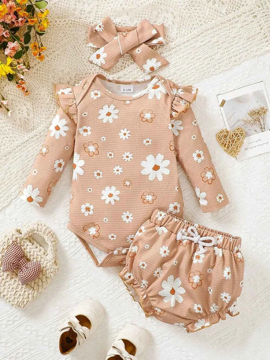 Children's Ruffled Floral Bodysuit and Bloomer, Headband Set