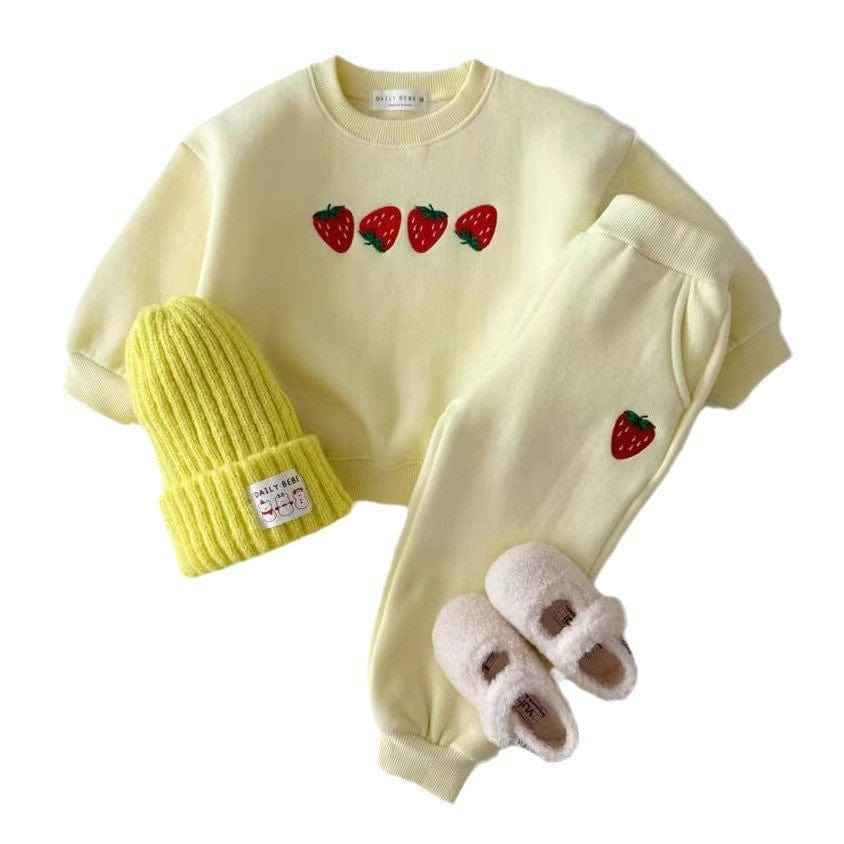 Autumn Baby Kids Unisex Casual Strawberry Embroidered Pattern Long Sleeves Top Pullover and Pants Clothing Set