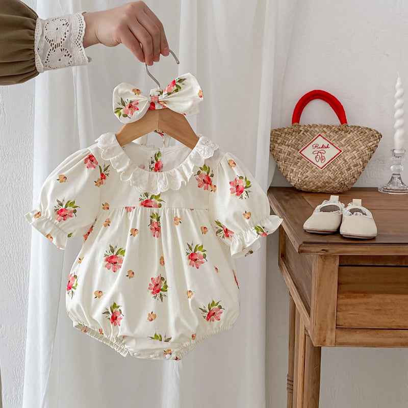 Summer Girls Flowers Pattern Short Sleeves Hollow Out Ruffle Collar Onesies And Dress – Sister Matching Clothing Set